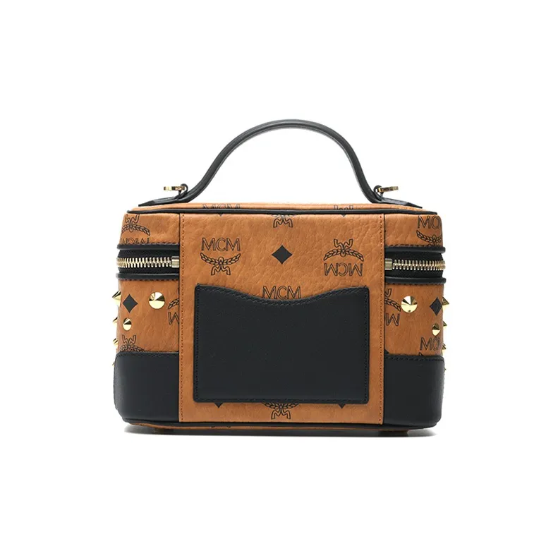 MCM Nappa Leather Portable One Shoulder Crossbody Makeup Bag Trumpets Women's Black Cognac Patchwork-3
