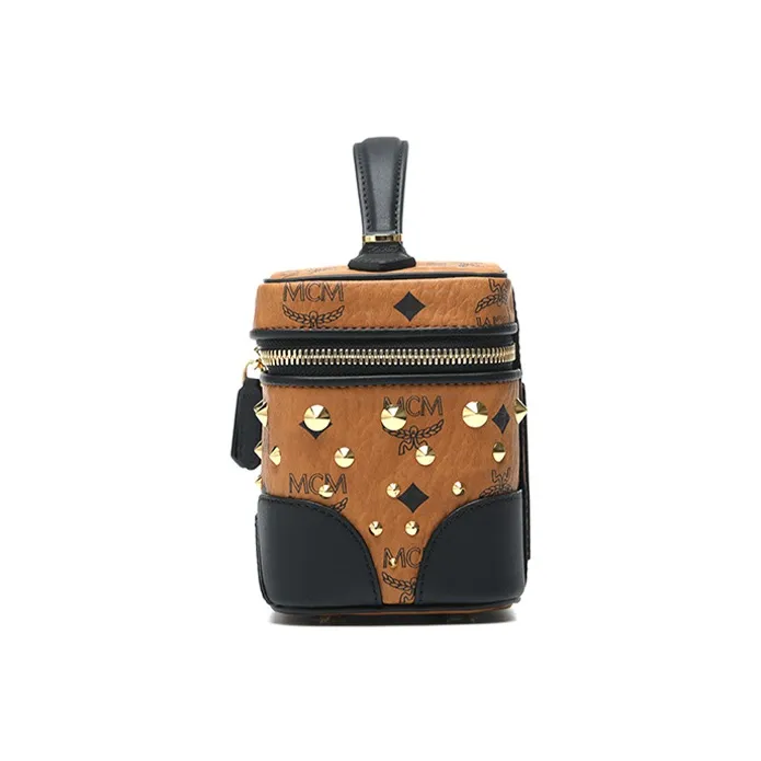 MCM Nappa Leather Portable One Shoulder Crossbody Makeup Bag Trumpets Women's Black Cognac Patchwork-2