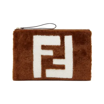 FENDI Sheepskin Combined With Calfskin Clutch Large Size Women's Brown