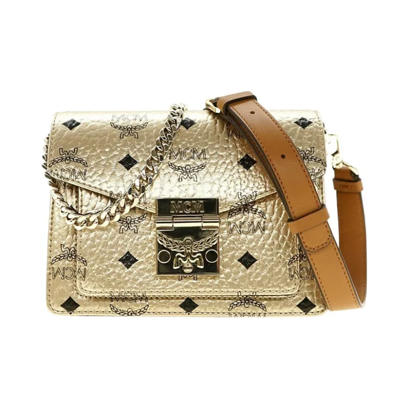 MCM Patricia Visetos Artificial Leather, Leather Shoulder Bag, Crossbody Bag Mini Women's Gold-0