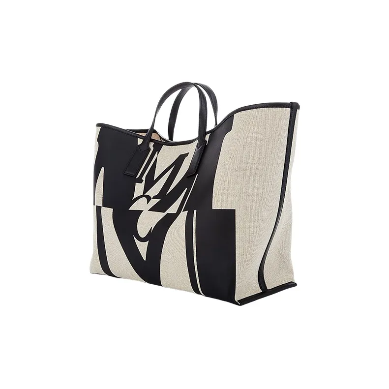 MCM Aren Fabric Cow Leather Patchwork Tote Bag Shopping Bag Combo One Shoulder Handbag Medium Size Women's Black-1