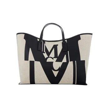 MCM Aren Fabric Cow Leather Patchwork Tote Bag Shopping Bag Combo One Shoulder Handbag Medium Size Women's Black