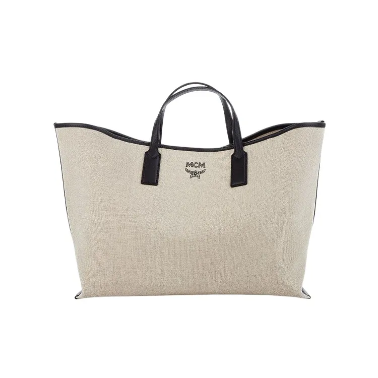 MCM Aren Fabric Cow Leather Patchwork Tote Bag Shopping Bag Combo One Shoulder Handbag Medium Size Women's Black-4
