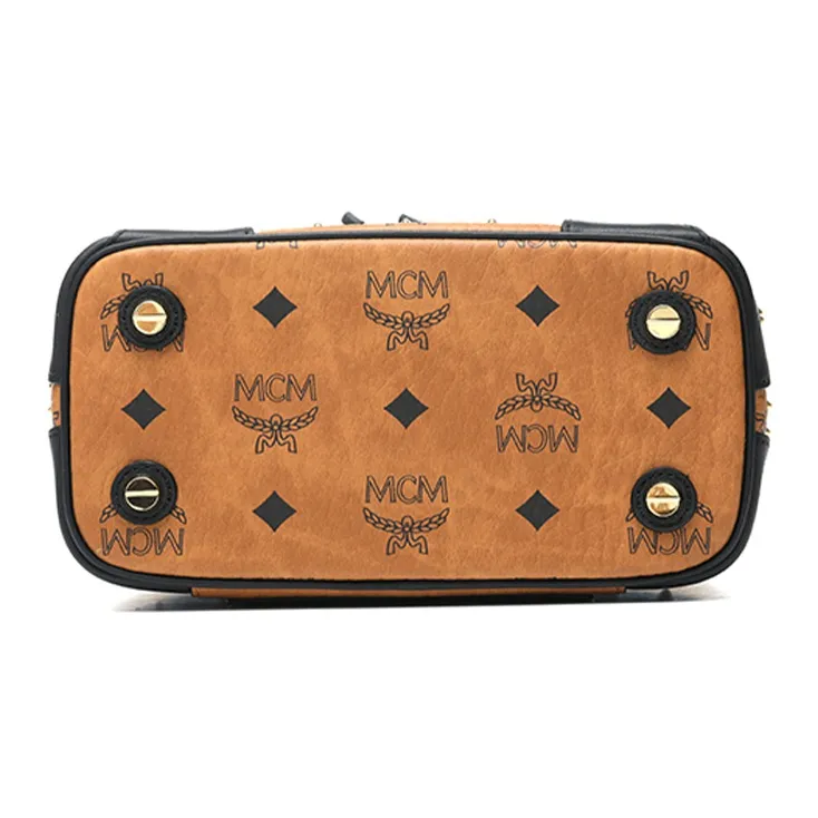 MCM Nappa Leather Portable One Shoulder Crossbody Makeup Bag Trumpets Women's Black Cognac Patchwork-4
