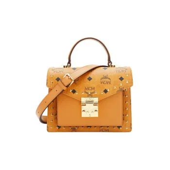 MCM Patricia Visetos Cow Leather Crossbody Bag, Handbag Trumpets Women's Cognac