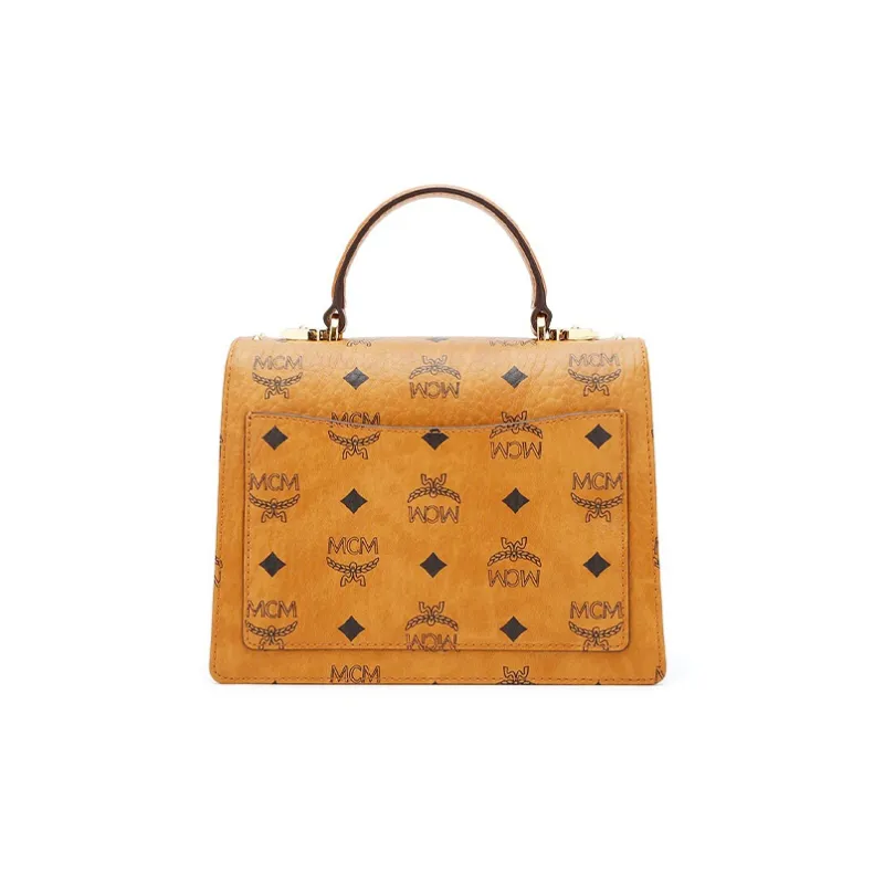 MCM Patricia Visetos Cow Leather Crossbody Bag, Handbag Trumpets Women's Cognac-3