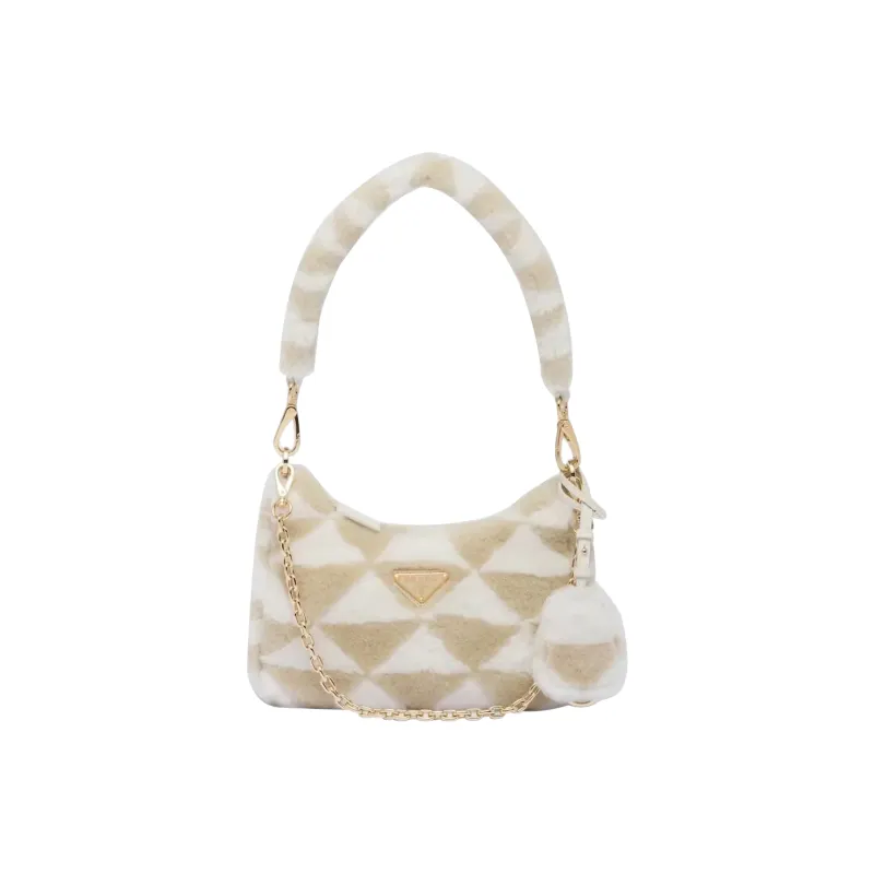 PRADA Plush Hobo Bag Fuzzy Shoulder Bag Handbag Women's Khaki/White-0