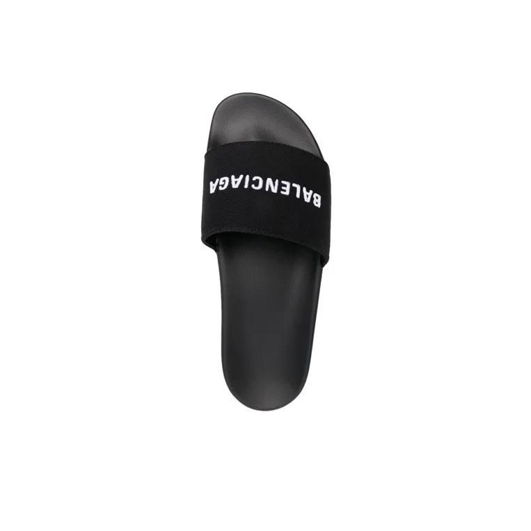 Balenciaga Logo Embroidered Pool Slides 'Black White'-4