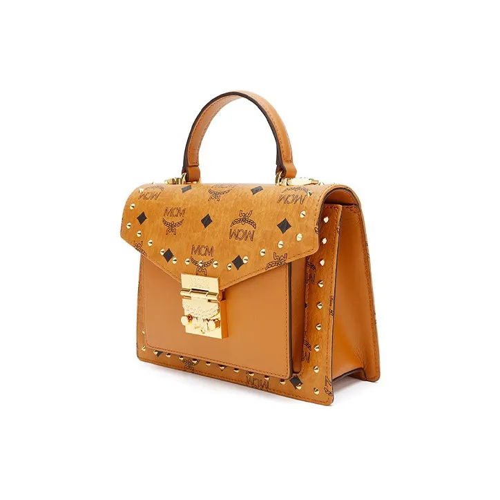 MCM Patricia Visetos Cow Leather Crossbody Bag, Handbag Trumpets Women's Cognac-1