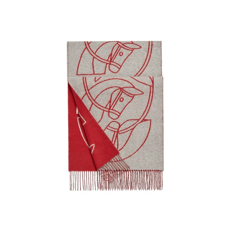 HERMES Double Sided Knit Scarves Women's Red-0