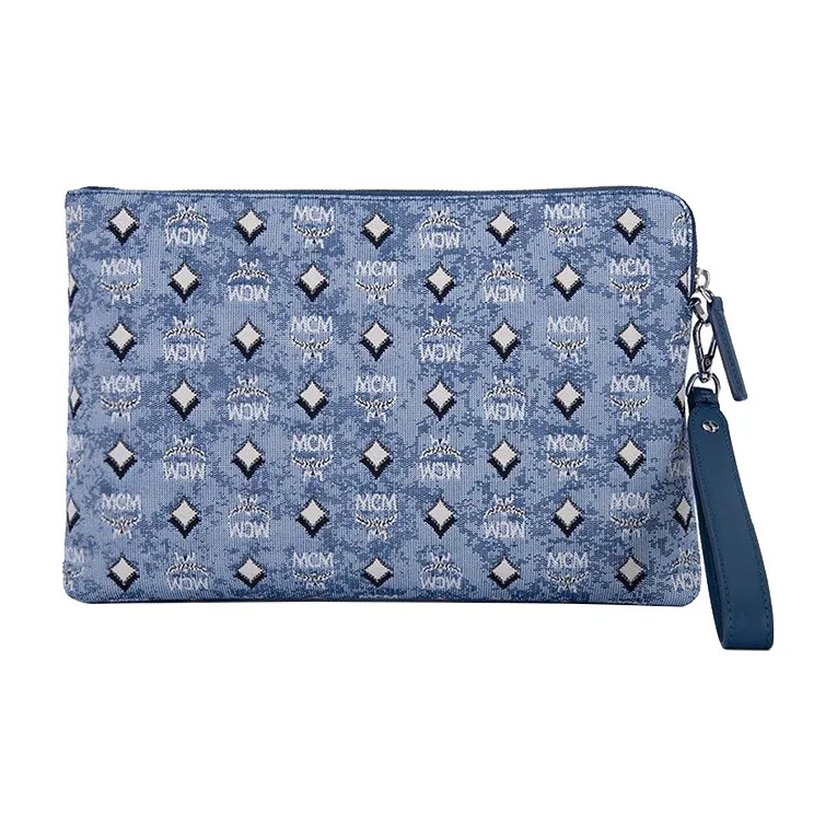 MCM Vintage Monogram Leather Fabric Clutch Women's Blue-2