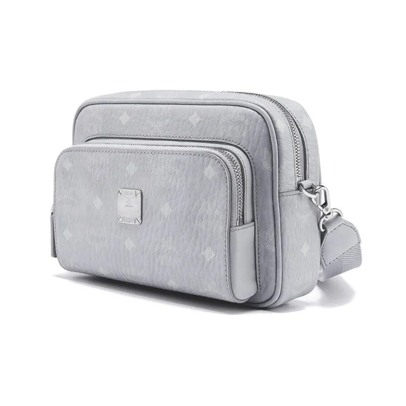 MCM Aren Visetos Nappa Leather Trim Camera Bag, Shoulder Bag, Crossbody Bag Trumpets Women's Gray-1