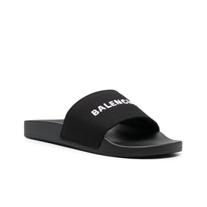 Balenciaga Logo Embroidered Pool Slides 'Black White'-2
