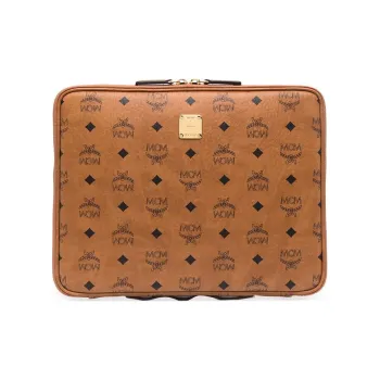 MCM Essential Visetos Origina Artificial Leather Clutch Medium Size Unisex Brown Cognac