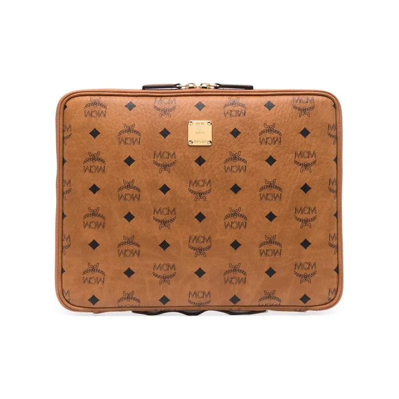 MCM Essential Visetos Origina Artificial Leather Clutch Medium Size Unisex Brown Cognac-0