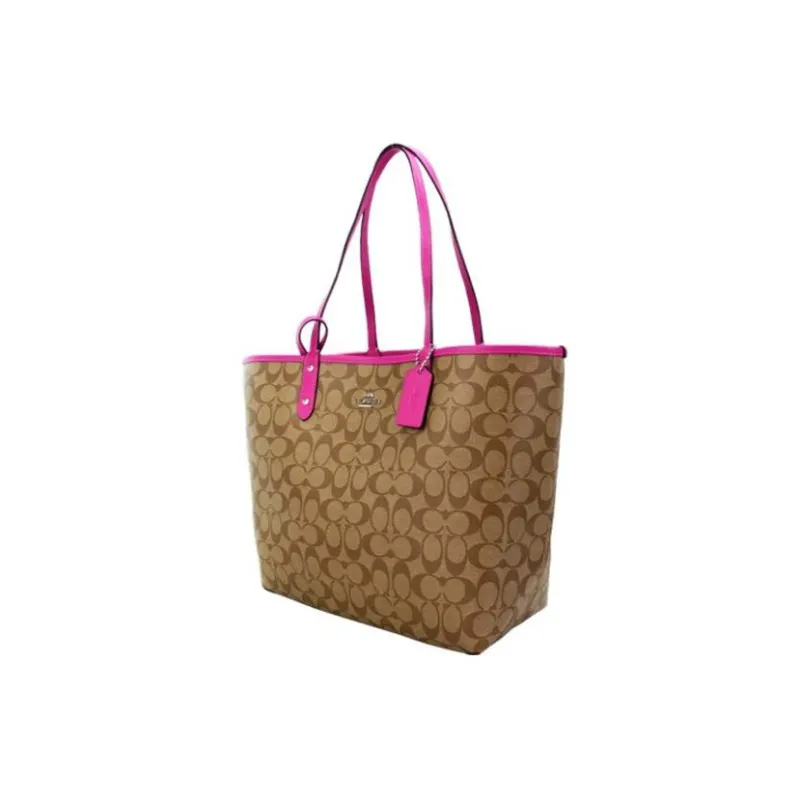 COACH City Canvas With Leather Tote Combo Bag One Shoulder Handbag Large Size Women's Khaki With Rose Purple-2