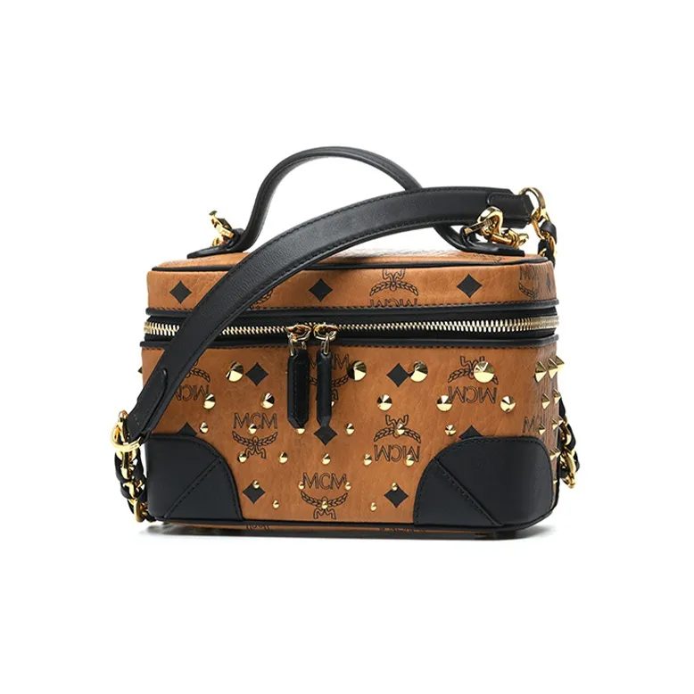MCM Nappa Leather Portable One Shoulder Crossbody Makeup Bag Trumpets Women's Black Cognac Patchwork-1