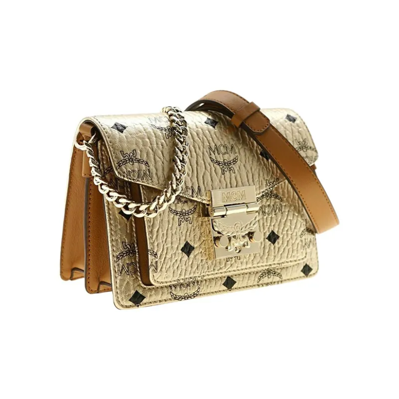 MCM Patricia Visetos Artificial Leather, Leather Shoulder Bag, Crossbody Bag Mini Women's Gold-1