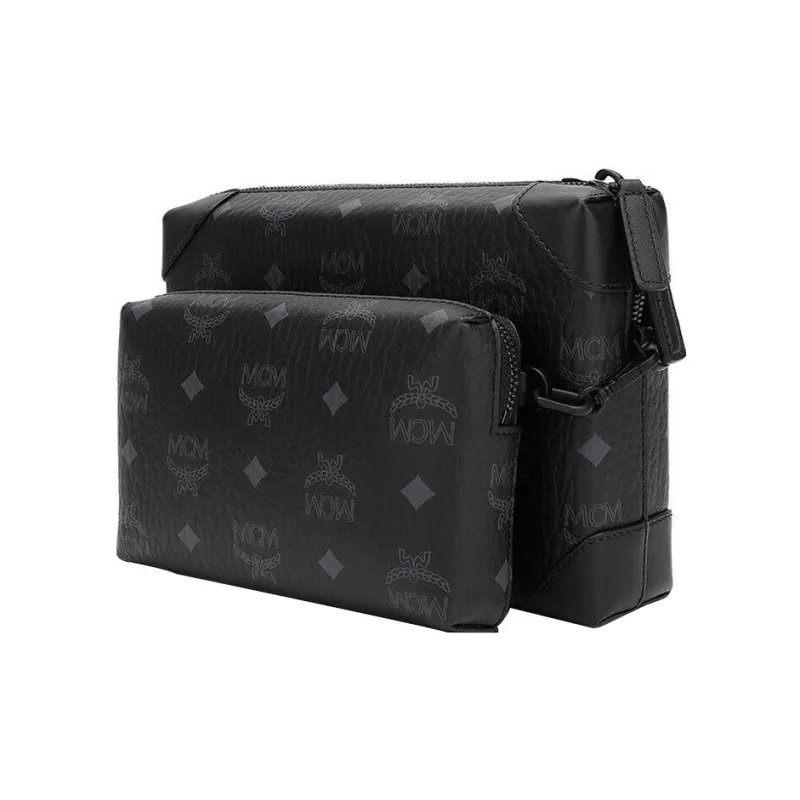MCM Berlin Visetos Leather Combination Bag Earphone Case, Shoulder Bag, Crossbody Bag Trumpets Men's Black-1