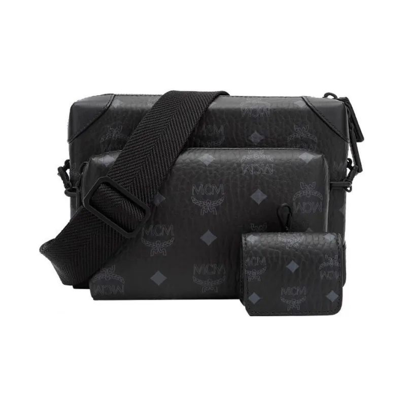 MCM Berlin Visetos Leather Combination Bag Earphone Case, Shoulder Bag, Crossbody Bag Trumpets Men's Black-0