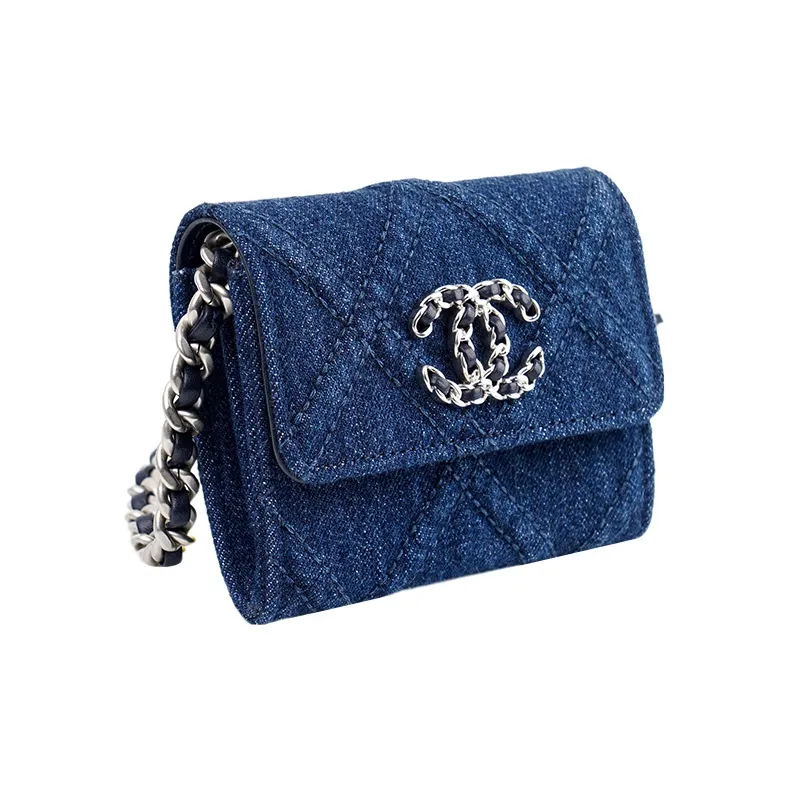 CHANEL Denim Fabric Coin Purse, Crossbody Bag, Shoulder Bag Unisex Dark Blue-2