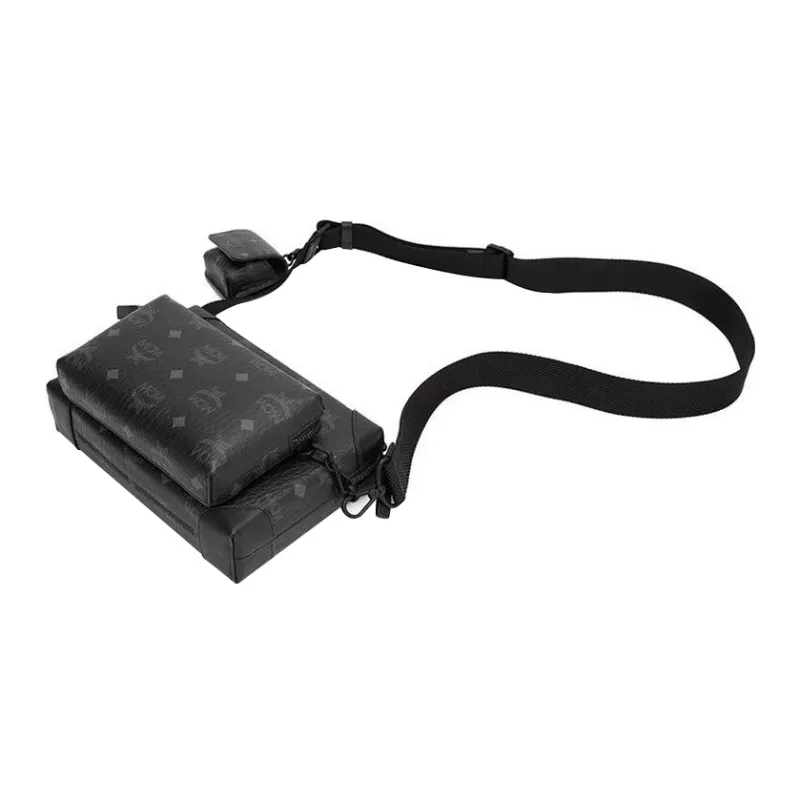 MCM Berlin Visetos Leather Combination Bag Earphone Case, Shoulder Bag, Crossbody Bag Trumpets Men's Black-4