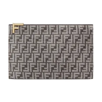 FENDI FF Jacquard Pattern Calfskin Detail Clutch Tubas Women's Gray