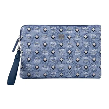 MCM Vintage Monogram Leather Fabric Clutch Women's Blue