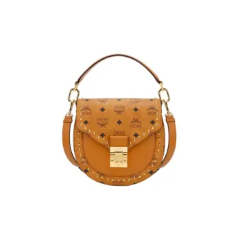 MCM Patricia Visetos Cow Leather Saddle Bag, Crossbody Bag, Shoulder Bag, Handbag Small Size Women's Brown Cognac