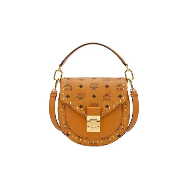 MCM Patricia Visetos Cow Leather Saddle Bag, Crossbody Bag, Shoulder Bag, Handbag Small Size Women's Brown Cognac-0