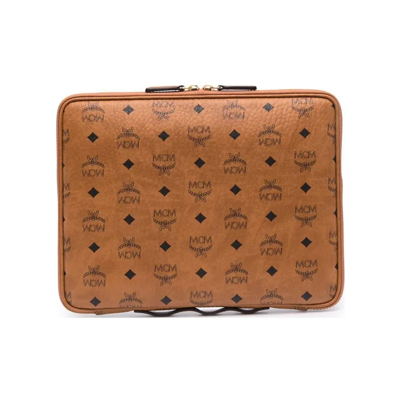 MCM Essential Visetos Origina Artificial Leather Clutch Medium Size Unisex Brown Cognac-1