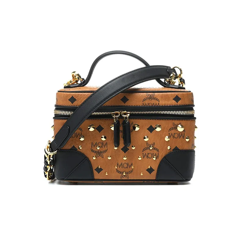 MCM Nappa Leather Portable One Shoulder Crossbody Makeup Bag Trumpets Women's Black Cognac Patchwork-0