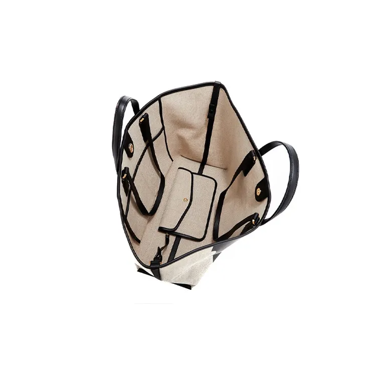 MCM Aren Fabric Cow Leather Patchwork Tote Bag Shopping Bag Combo One Shoulder Handbag Medium Size Women's Black-3