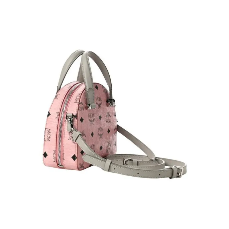 MCM Diamond Logo Visetos Mini Round Top Tote Bag Soft Pink-1