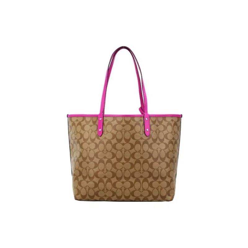 COACH City Canvas With Leather Tote Combo Bag One Shoulder Handbag Large Size Women's Khaki With Rose Purple-3