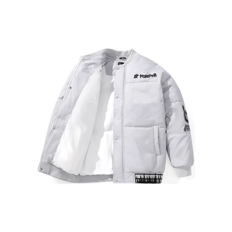 Bt Letter Baseball Collar Loose Fit Puffer Jacket Unisex-7