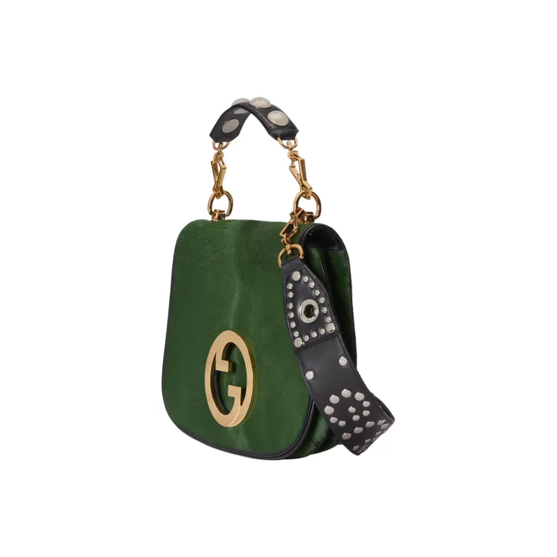 GUCCI Blondie Small Cow Hair Patchwork Leather Trim Shoulder Bag Crossbody Bag Handbag Medium Size Women's Green-4