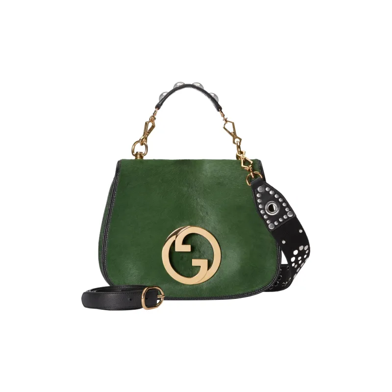 GUCCI Blondie Small Cow Hair Patchwork Leather Trim Shoulder Bag Crossbody Bag Handbag Medium Size Women's Green-2