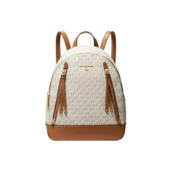 MICHAEL KORS MK Brooklyn Canvas With Leather Trim Backpack Medium Size Women's Ivory & Brown