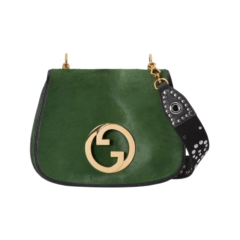 GUCCI Blondie Small Cow Hair Patchwork Leather Trim Shoulder Bag Crossbody Bag Handbag Medium Size Women's Green-1