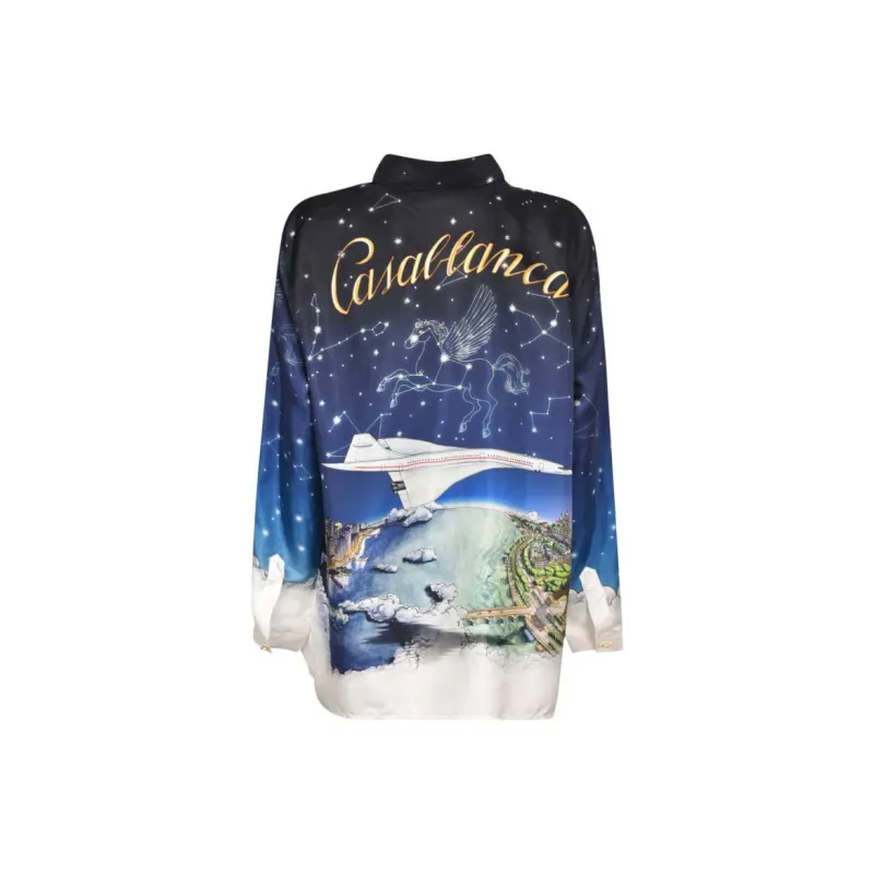 CASABLANCA Vol De Nuit Silk Twill Button Down Shirt 'Blue'-1