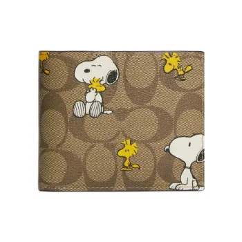 COACH Peanuts Snoopy Collaboration 3 IN 1 Wallet Coated Canvas Card Holder Wallet Men's Khaki