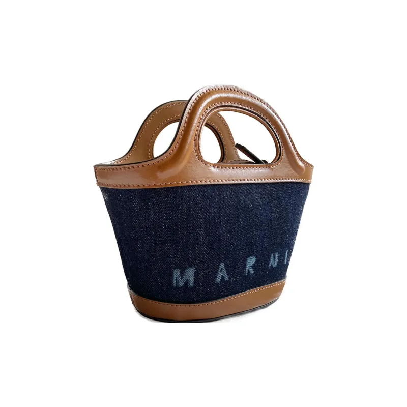 MARNI Cotton With Leather Bucket Bag, One Shoulder Handbag Mini Women's Blue-1