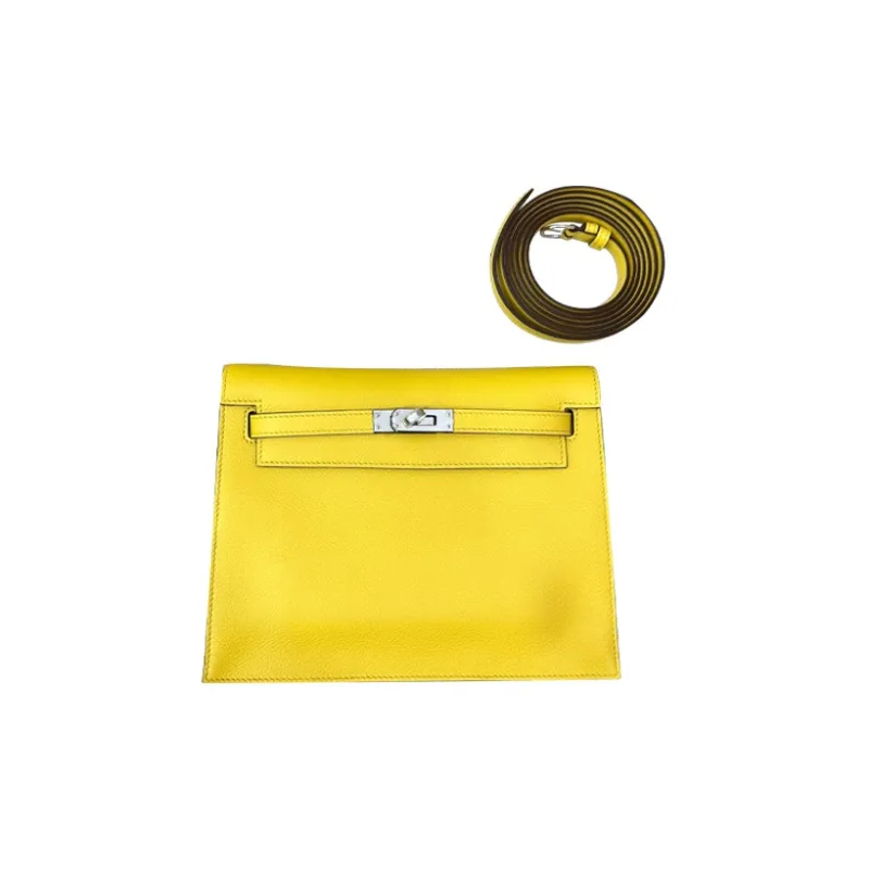 HERMES Kelly Danse Evercolor Calfskin One Shoulder Crossbody Clutches Women's 9O Jaune De Naples Naples Yellow-2