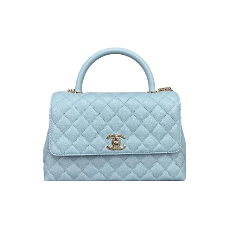 CHANEL Coco Handle Caviar Cow Leather & Gold Metal Flap Bag, Shoulder Bag, Crossbody Bag, Handbag Tubas Women's Blue-0