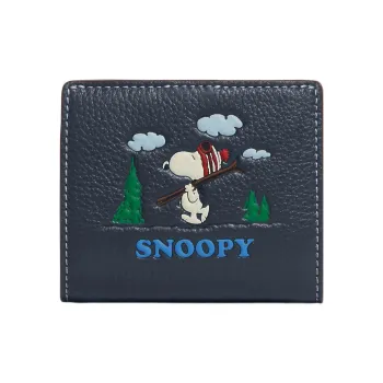 COACH Peanuts Snoopy Collaboration Snap Wallet Refined Pebble Leather Card Holder Wallet Mini Women's Dark Blue