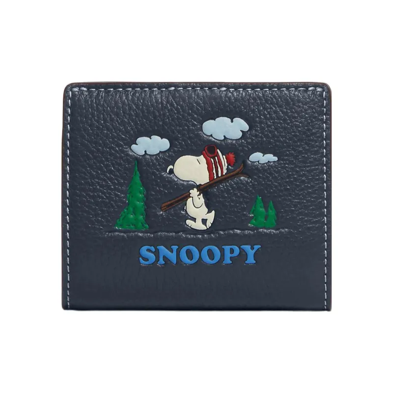 COACH Peanuts Snoopy Collaboration Snap Wallet Refined Pebble Leather Card Holder Wallet Mini Women's Dark Blue-0