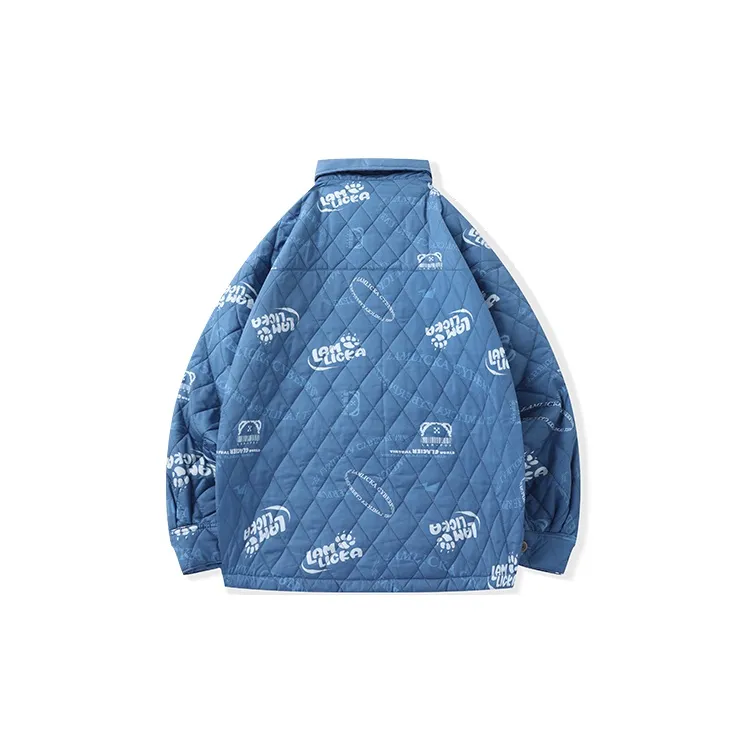 LAMLICKA Letter Lapel Loose Fit Thickened Puffer Jacket Unisex Blue-1