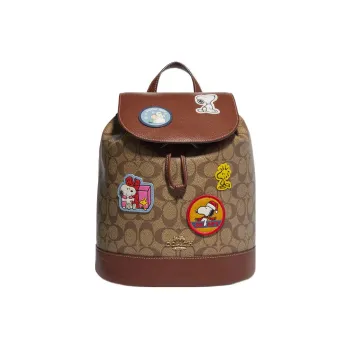 COACH Peanuts Snoopy Collaboration Dempsey Canvas With Leather Backpack Medium Size Men's Khaki & Red Wood Color