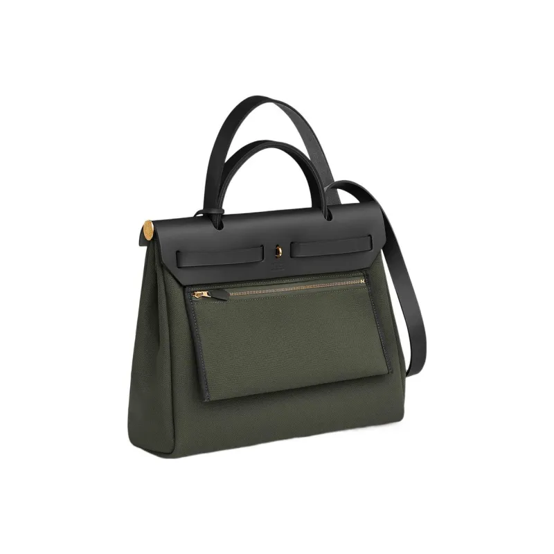 HERMES Herbag Zip Canvas With Leather Portable Canvas Bag Shoulder Bag Crossbody Bag Women's Gray Green/Black-2